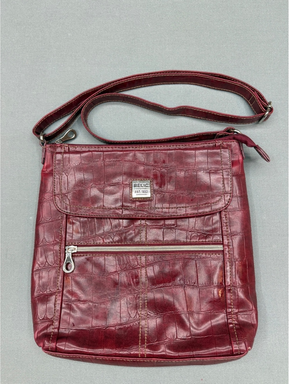 Relic Burgundy Faux Leather Crossbody Bag with Croc Embossing